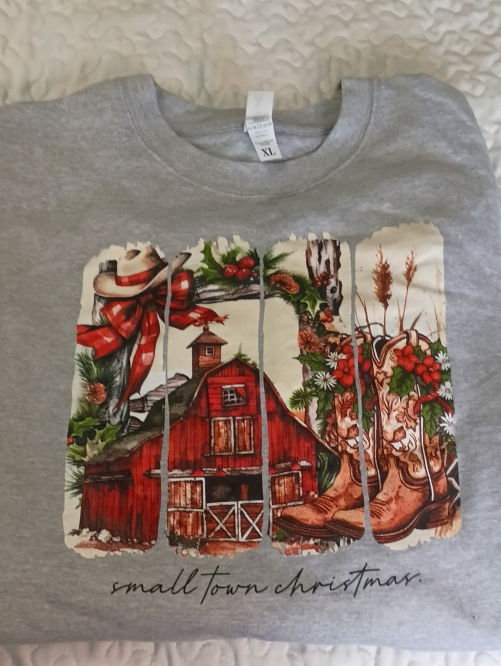 Gray 'Small Town Christmas' Graphic Sweatshirt with Red Barn